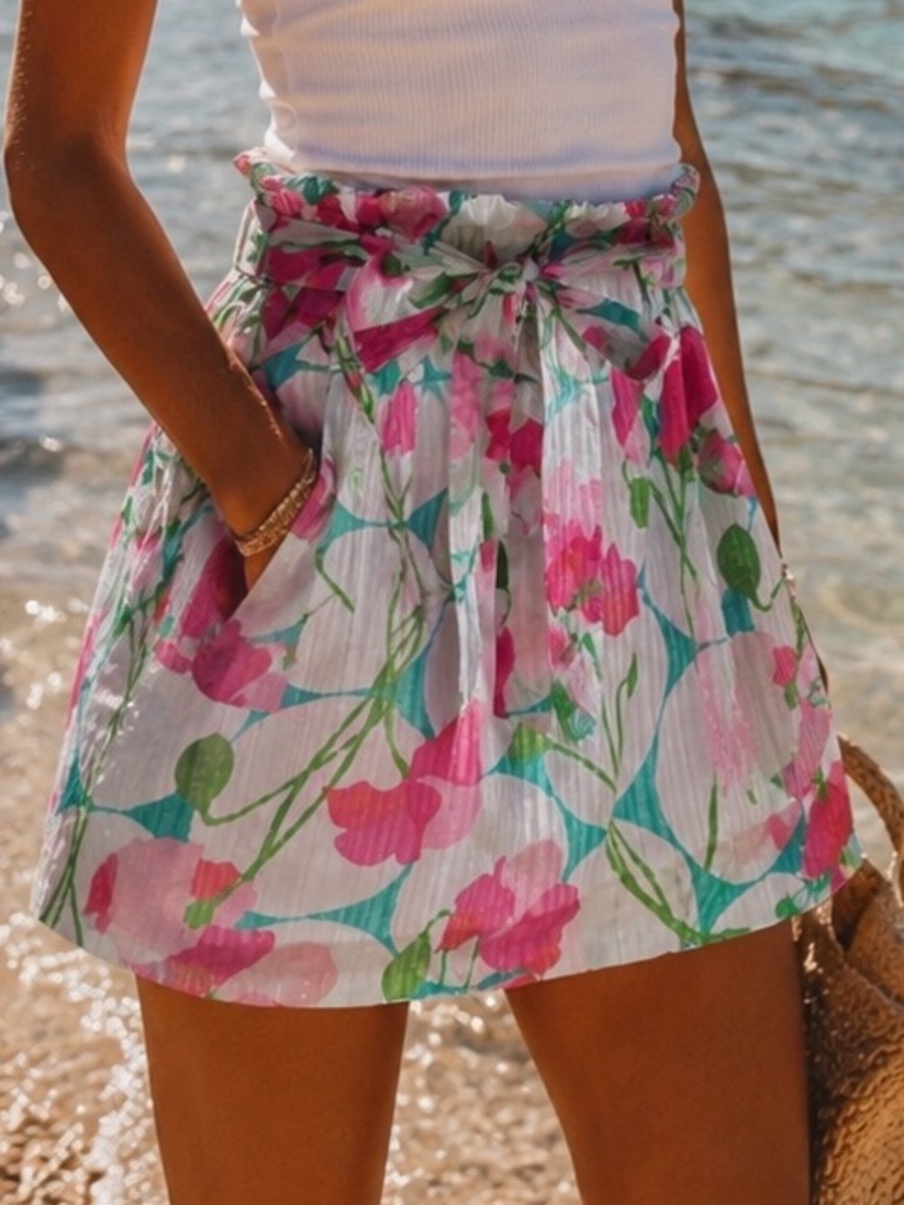 Lilly Pulitzer Avery Pink Floral Metallic Stripe Paperbag Skirt Size M
